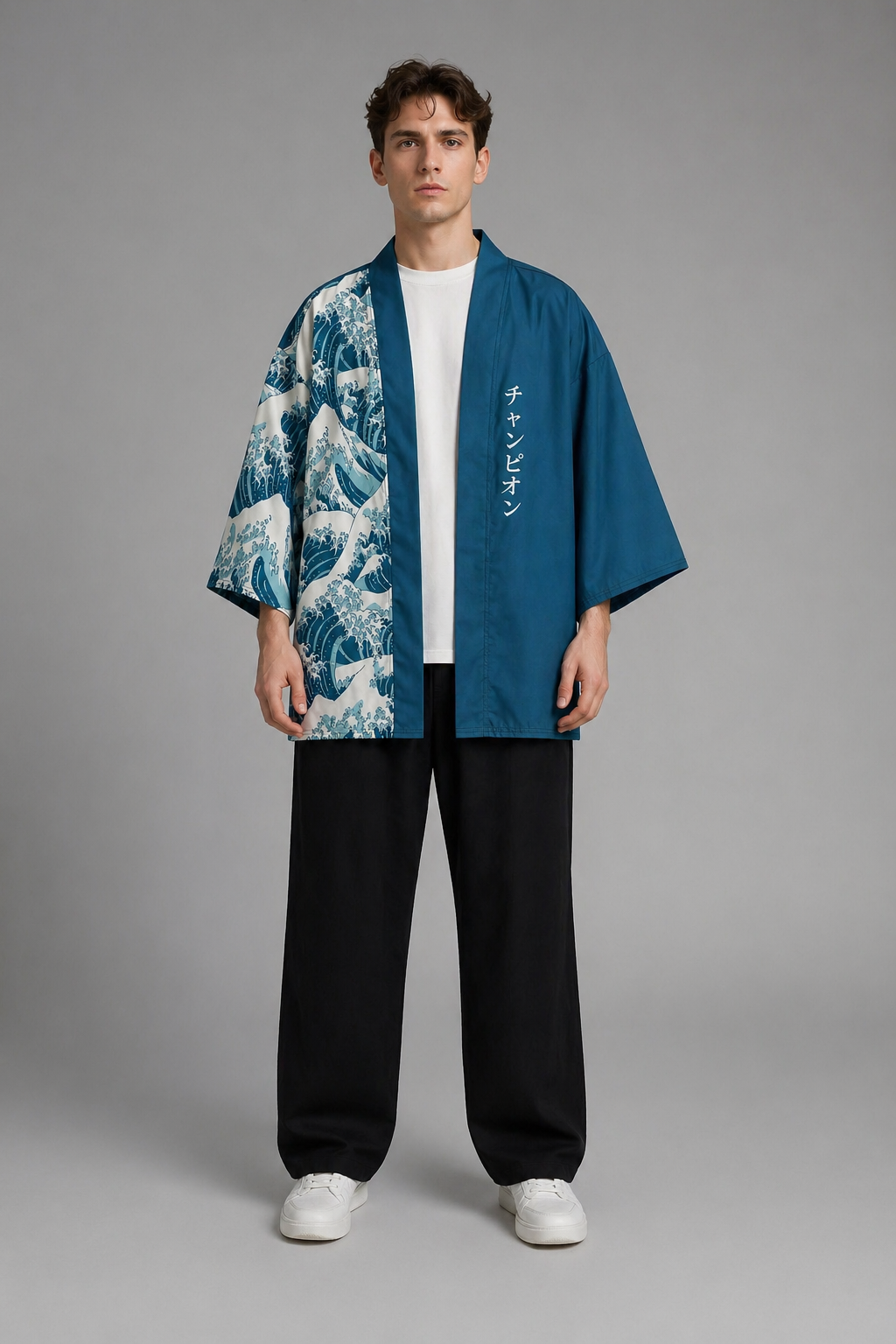 Veste Kimono Homme Turquoise avec Vague