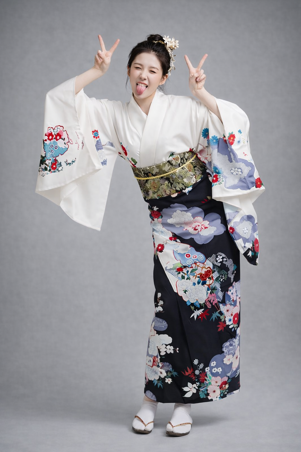 Kimono Japonais Femme Blanc et Bleu à Fleurs