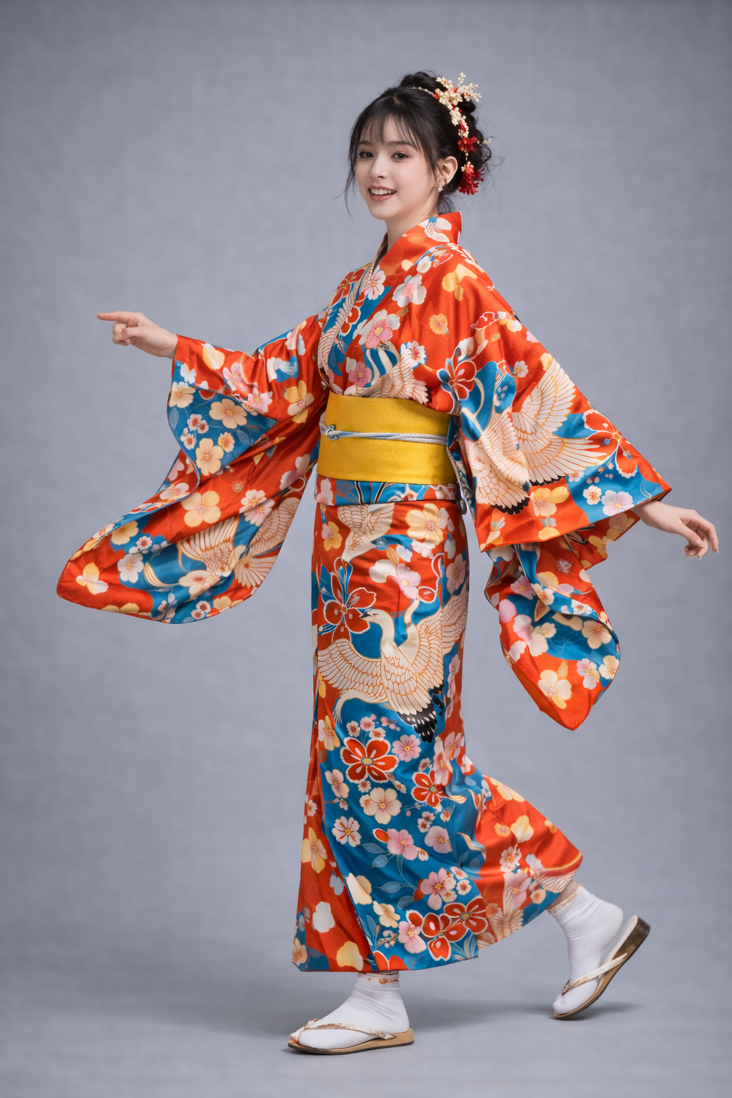 Kimono Japonais Femme Rouge Cygnes