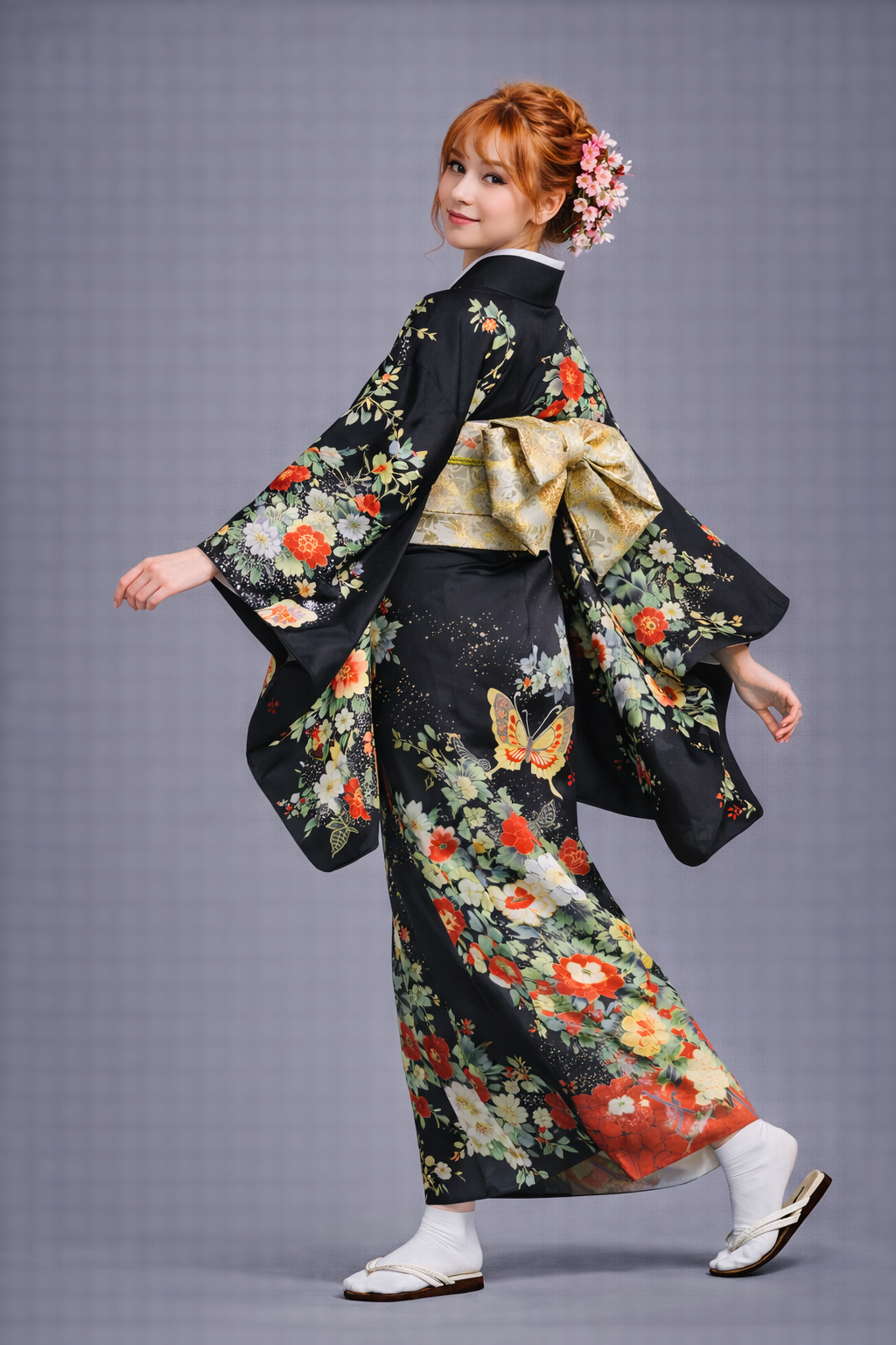Kimono Japonais Femme Noir Papillon