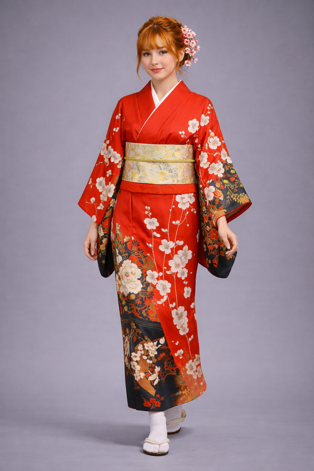 Kimono Japonais Femme Rouge et Noir à Fleurs