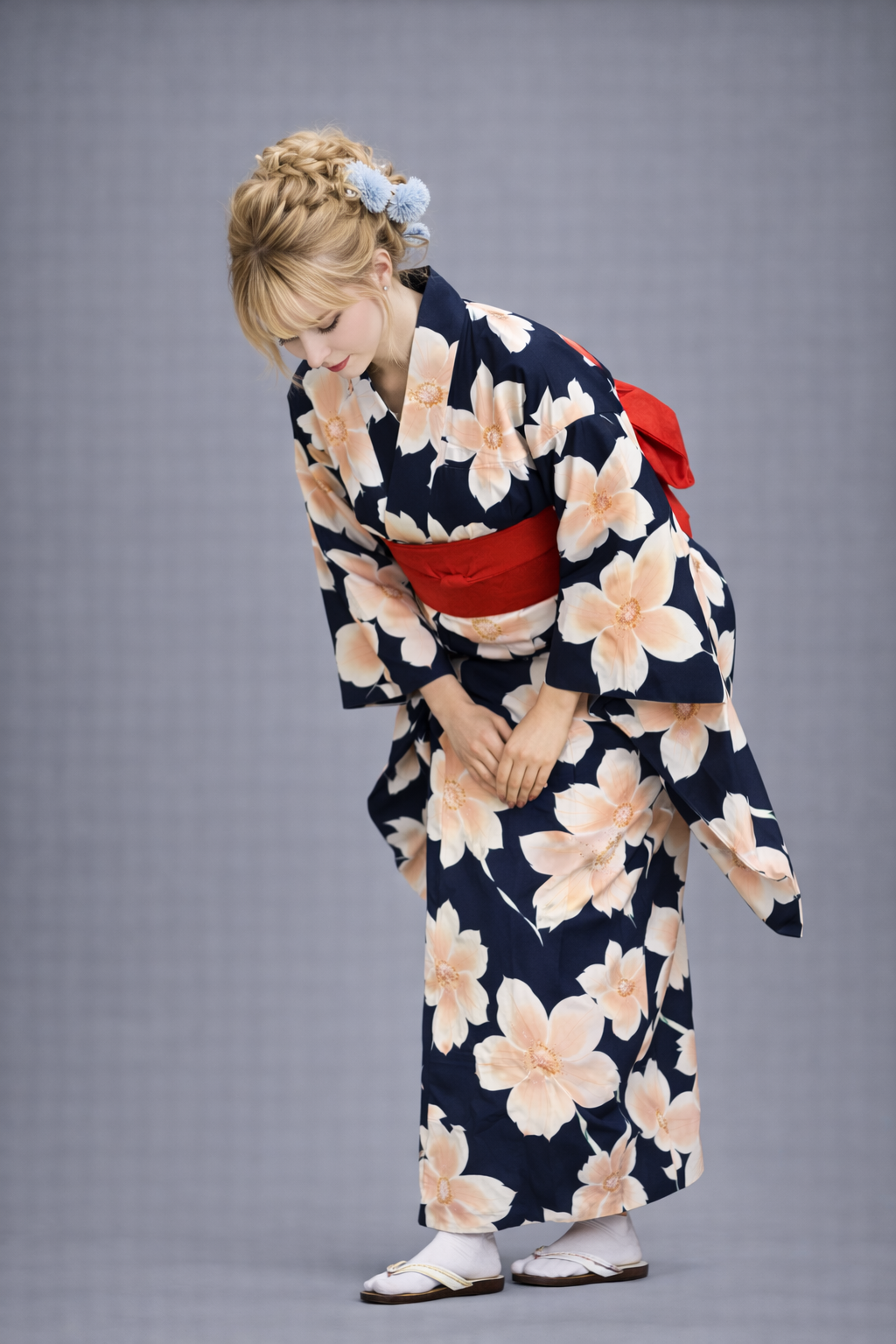 Kimono Japonais Femme bleu à fleurs