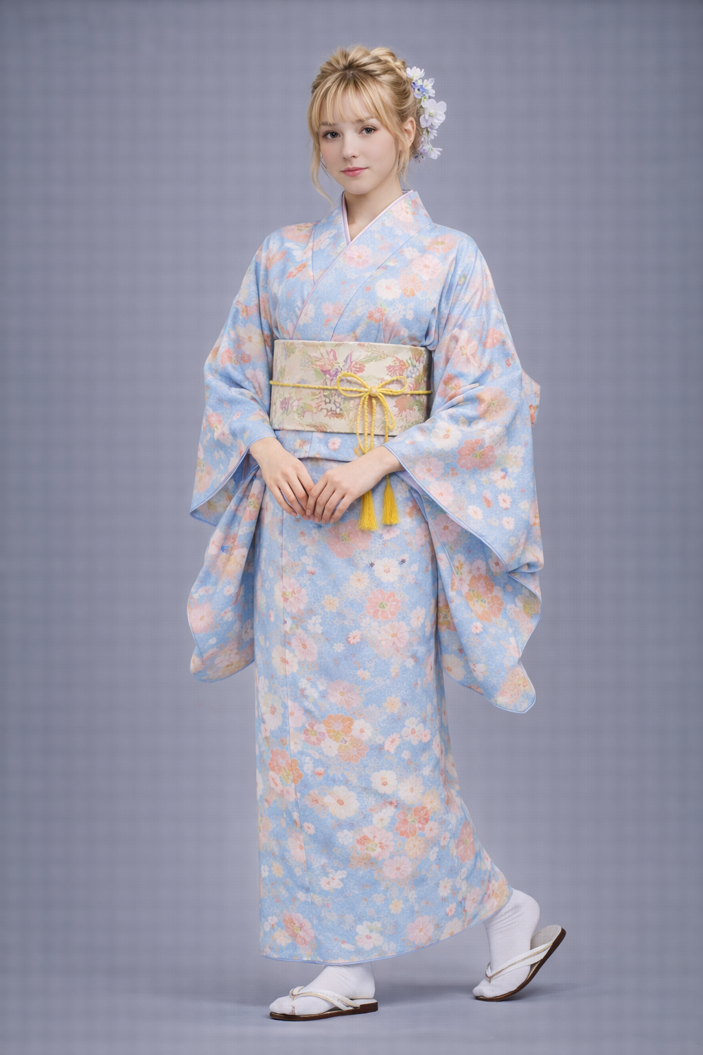 Kimono Japonais Femme bleu ciel à Fleurs