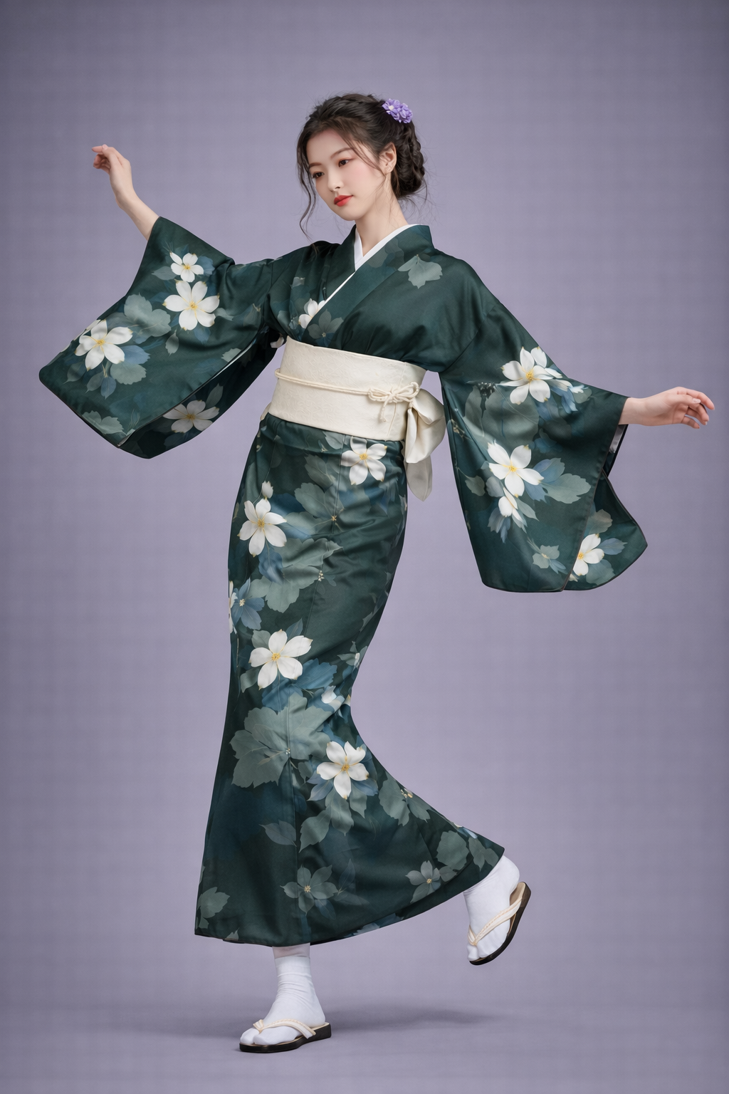 Kimono Japonais Femme Vert à Fleurs Blanches
