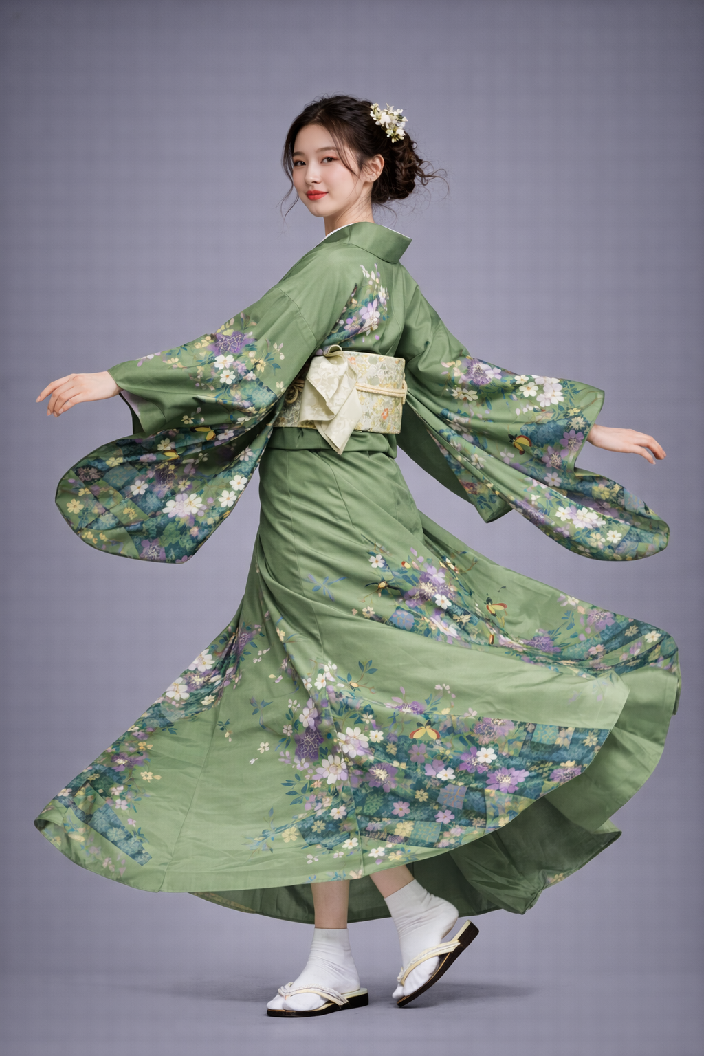 Kimono Japonais Femme Vert à Papillons