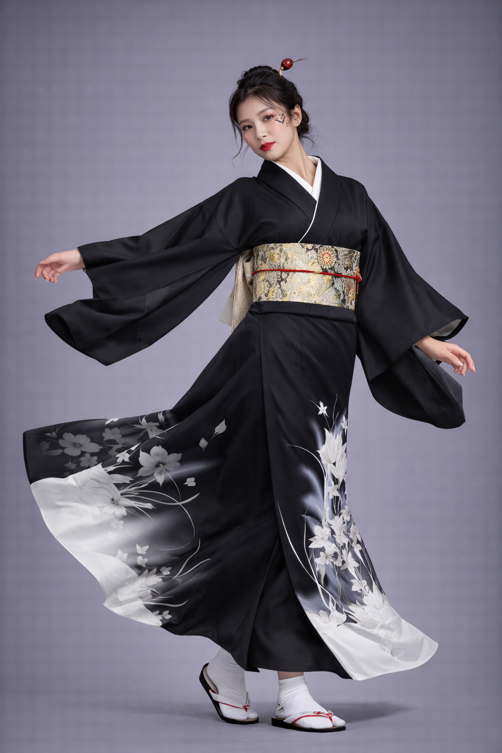 Kimono Japonais Femme Noir Ikebana
