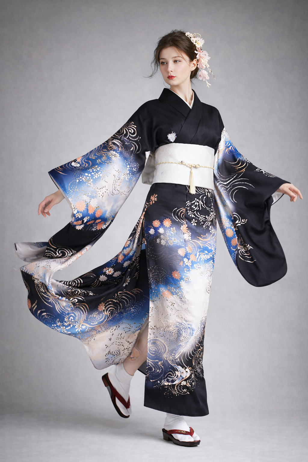 Kimono Japonais Femme Noir Blanc et Bleu
