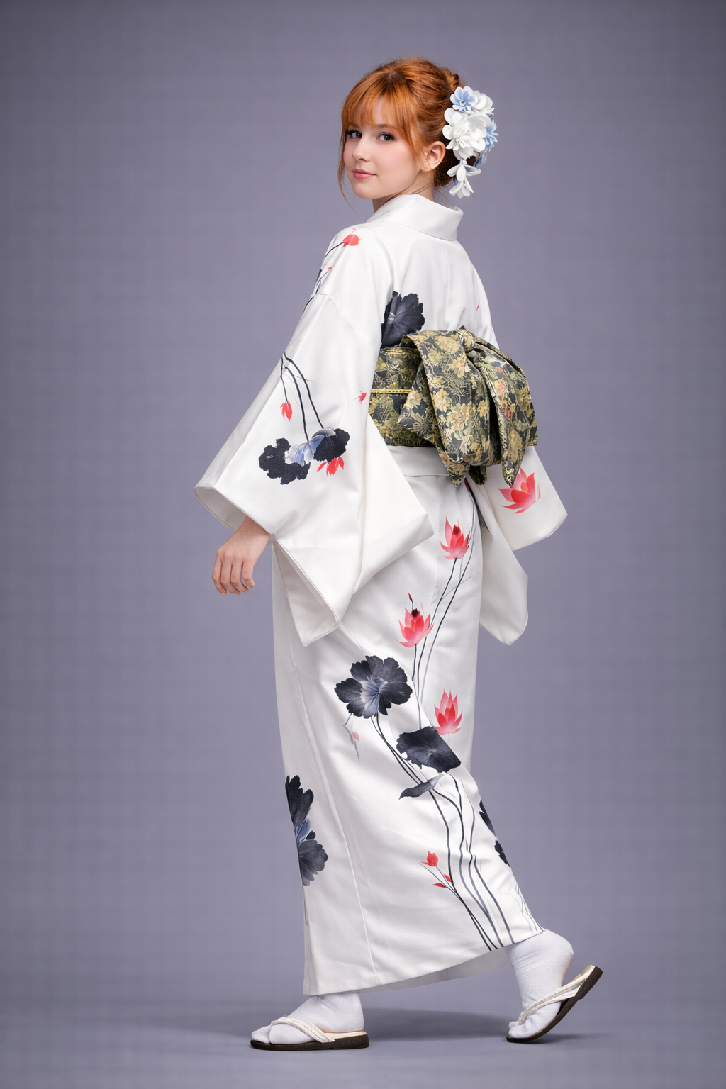 Kimono Japonais Femme Blanc à Fleurs noires