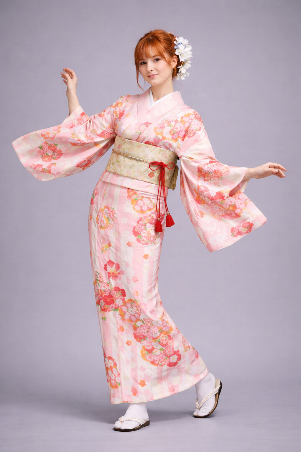 Kimono Japonais Femme Rose Jaune Blanc
