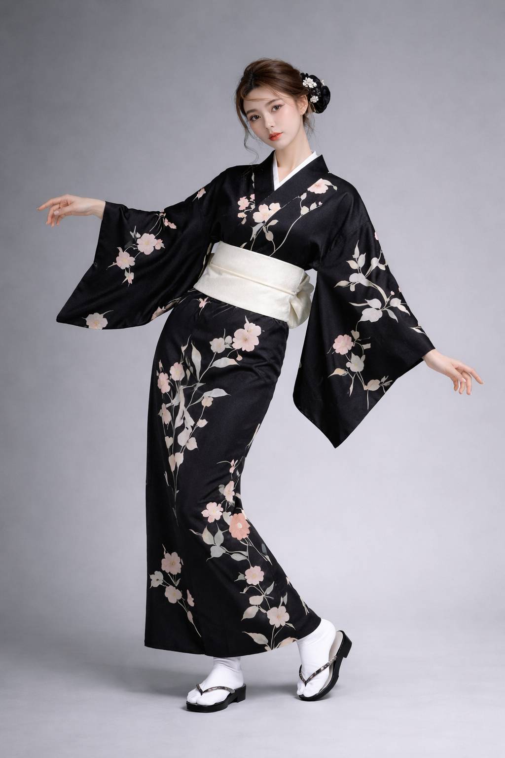 Kimono Japonais Femme Noir à Fleurs Blanches