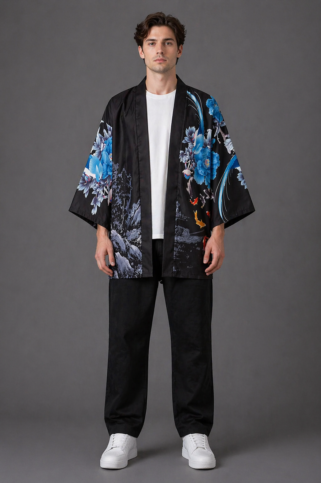 Veste kimono Homme Satin Noir et Bleu