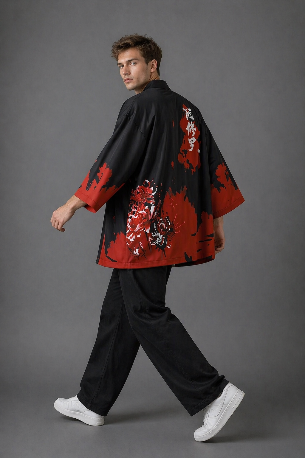 Veste Kimono Homme Satin Noir et Pourpre