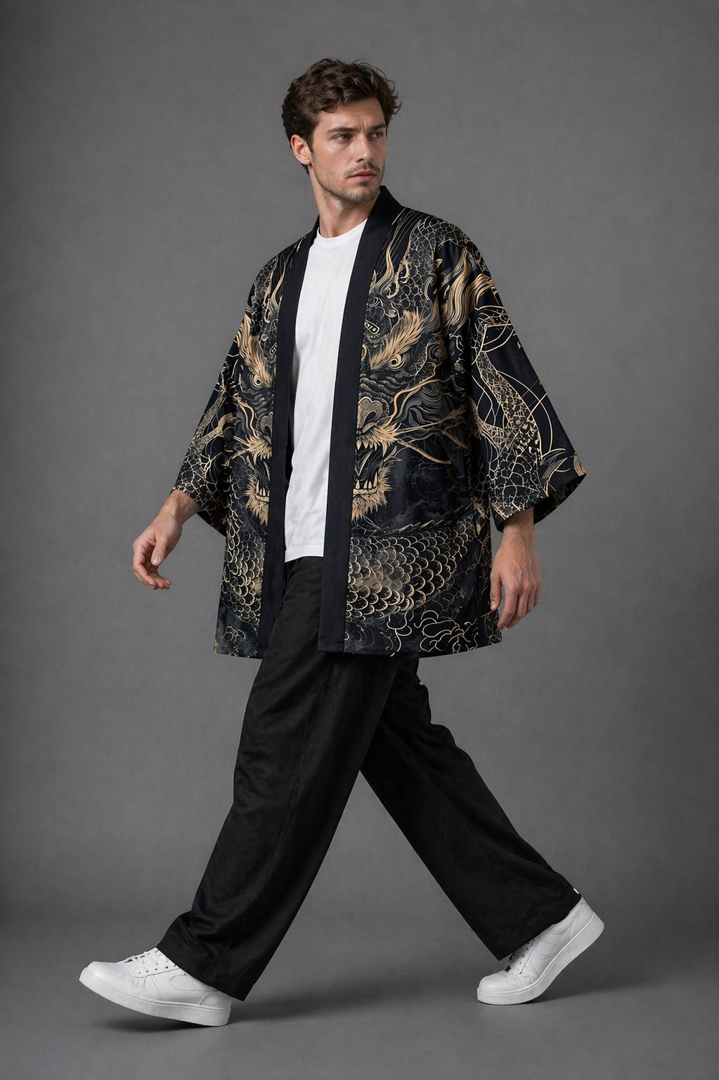 Veste Kimono Homme Satin Noir Dragon