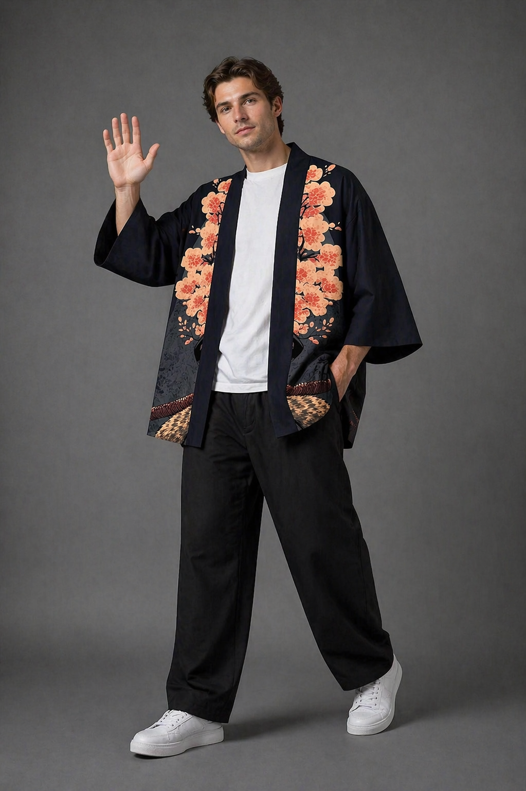 Veste Kimono Homme Satin Noir et Rose