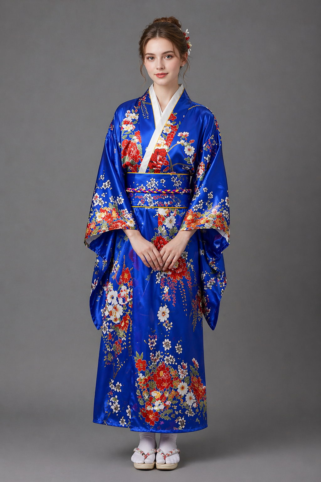 Kimono Japonais Fille Bleu Satin