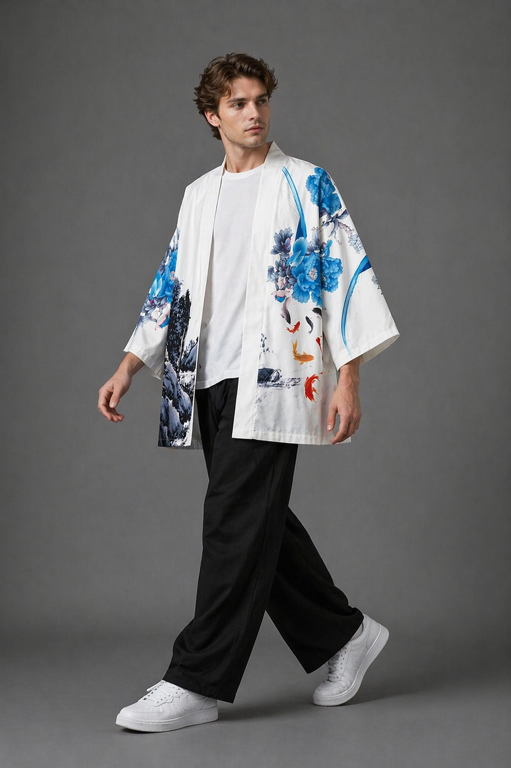 Veste Kimono Homme Satin Blanc et Bleu