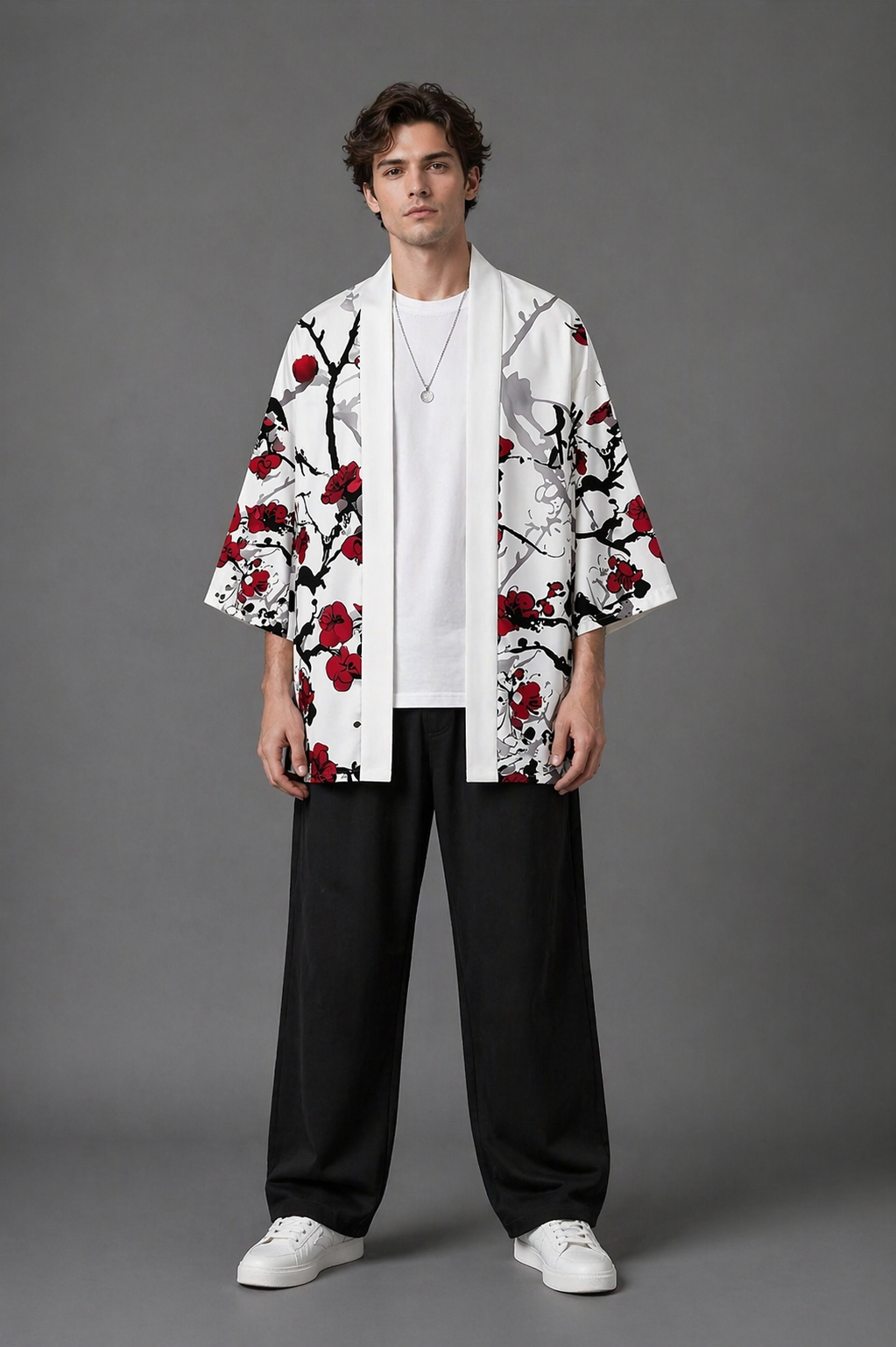 Veste Kimono Homme Satin Blanc Noir et Rouge