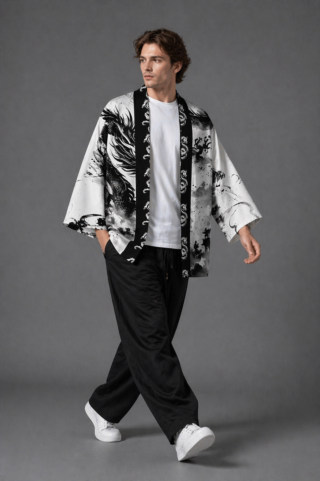 Veste Kimono Homme Satin Blanc Dragon