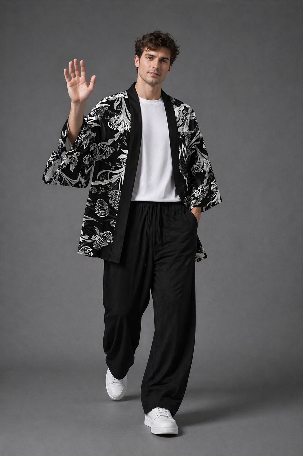 Veste Kimono Homme Satin Noir Kaze