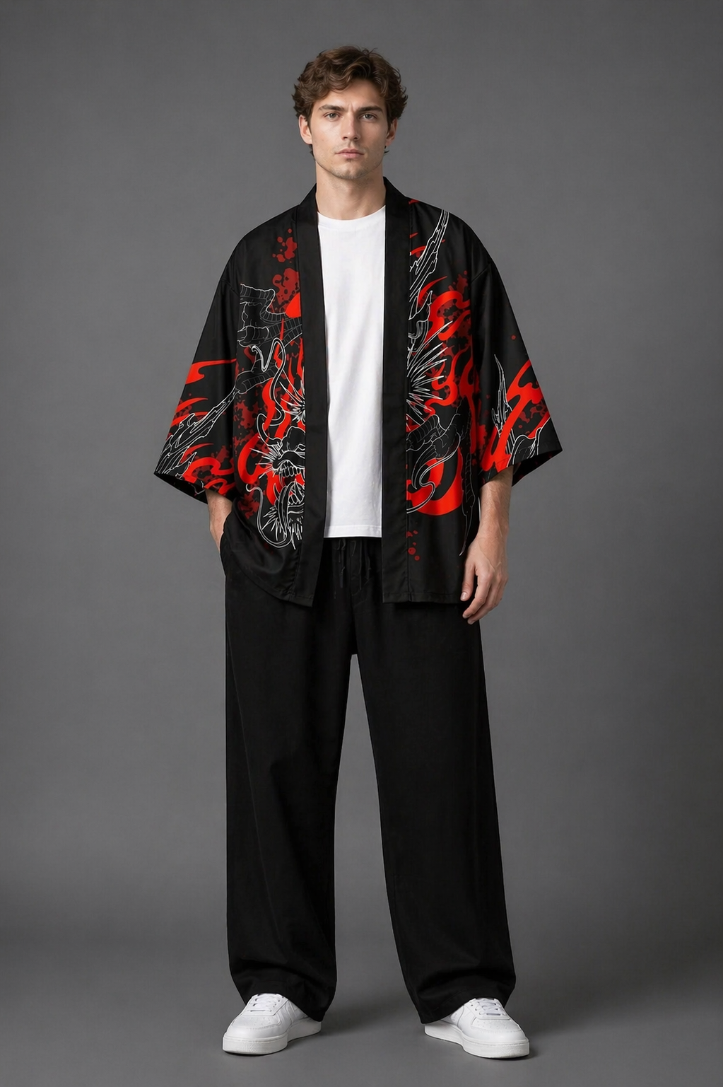 Veste Kimono Homme Satin Dragon Rouge et Noir