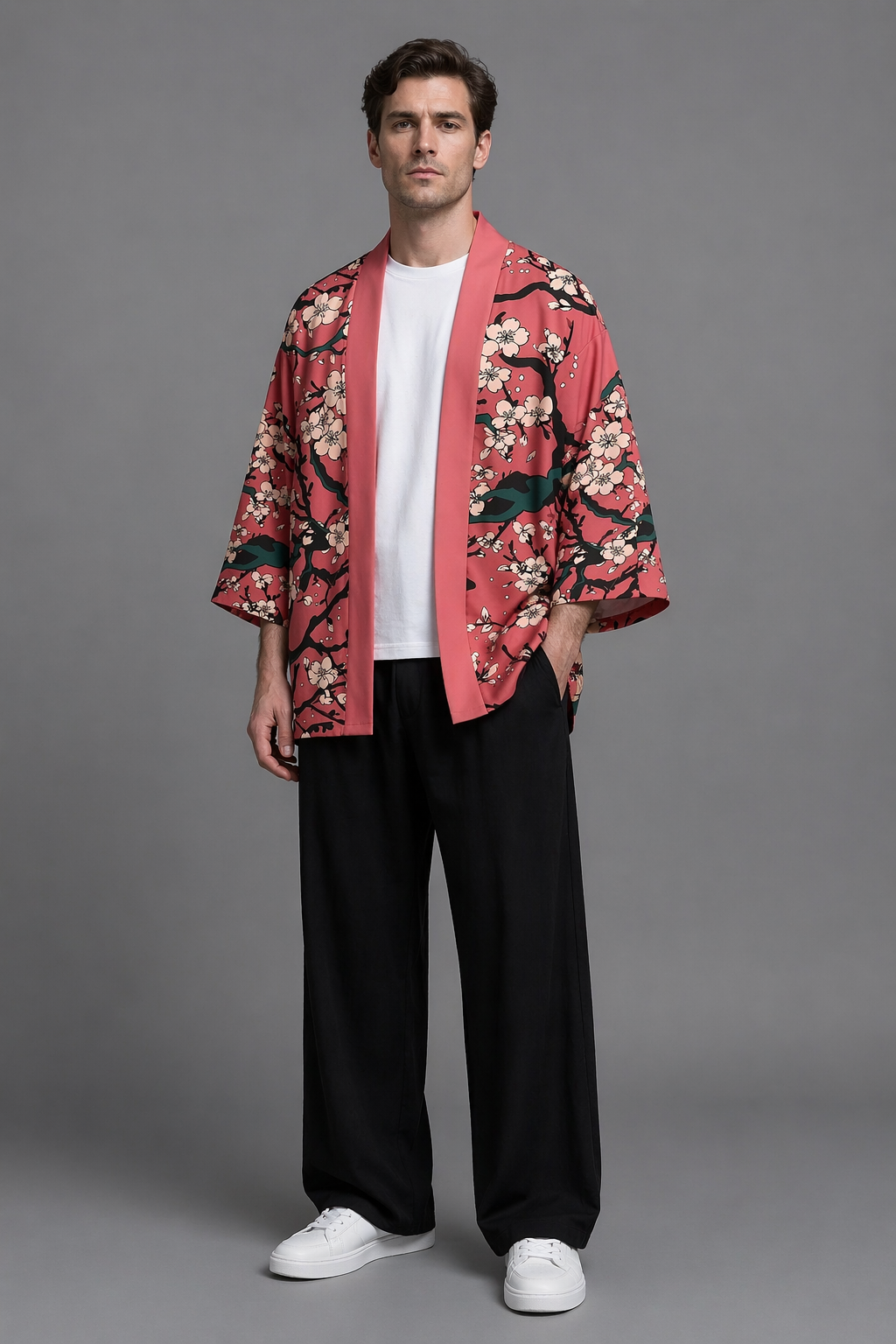 Veste Kimono Homme Satin Cerisier