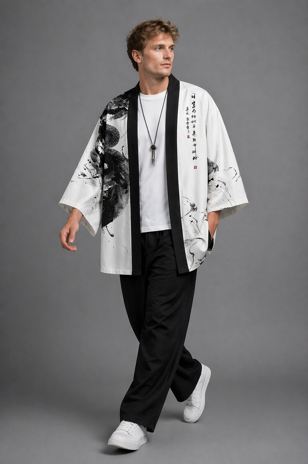Veste Kimono Homme Satin Dragon Blanc