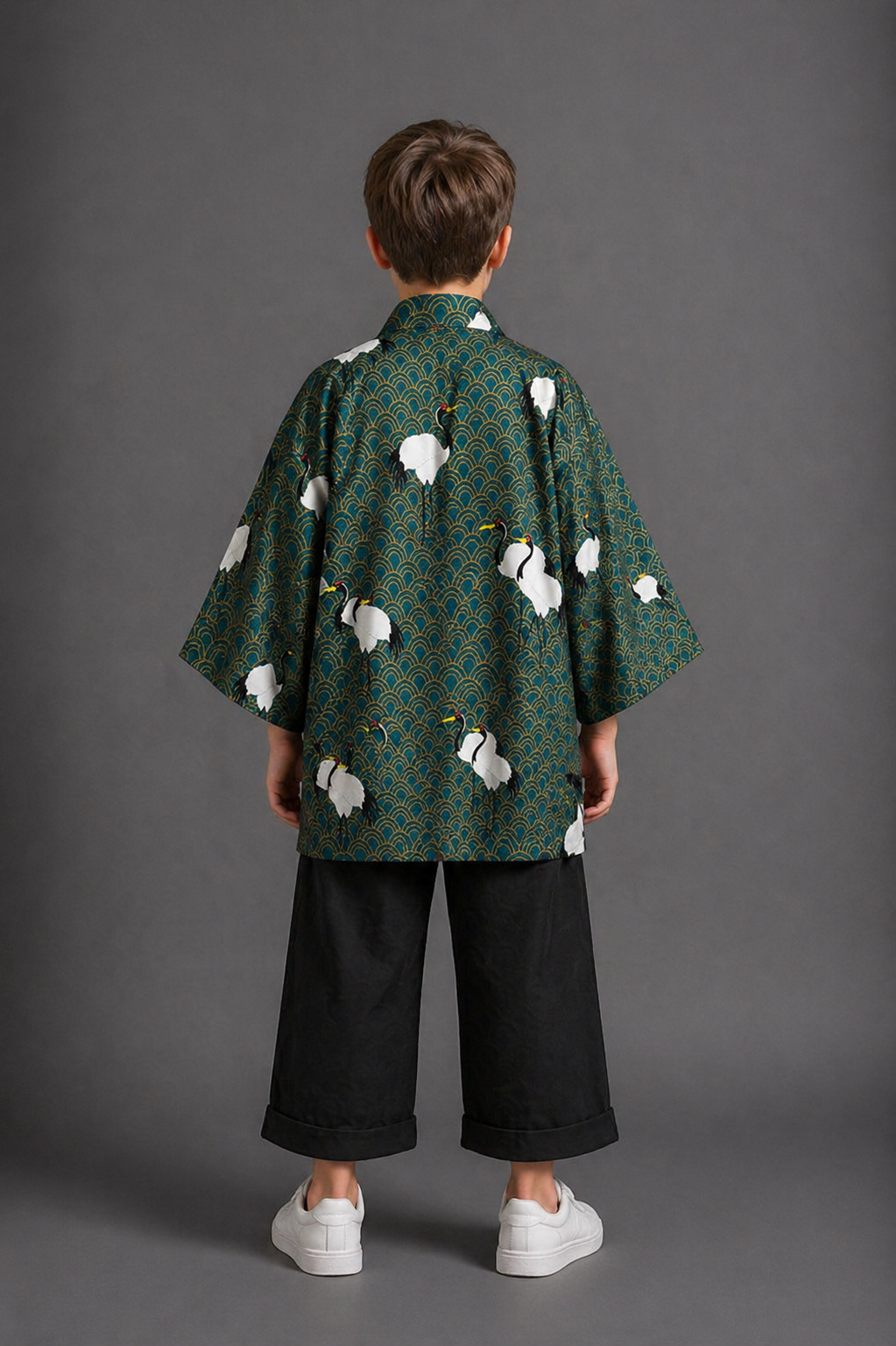 Veste Kimono Relax Garçon Vert et Grues