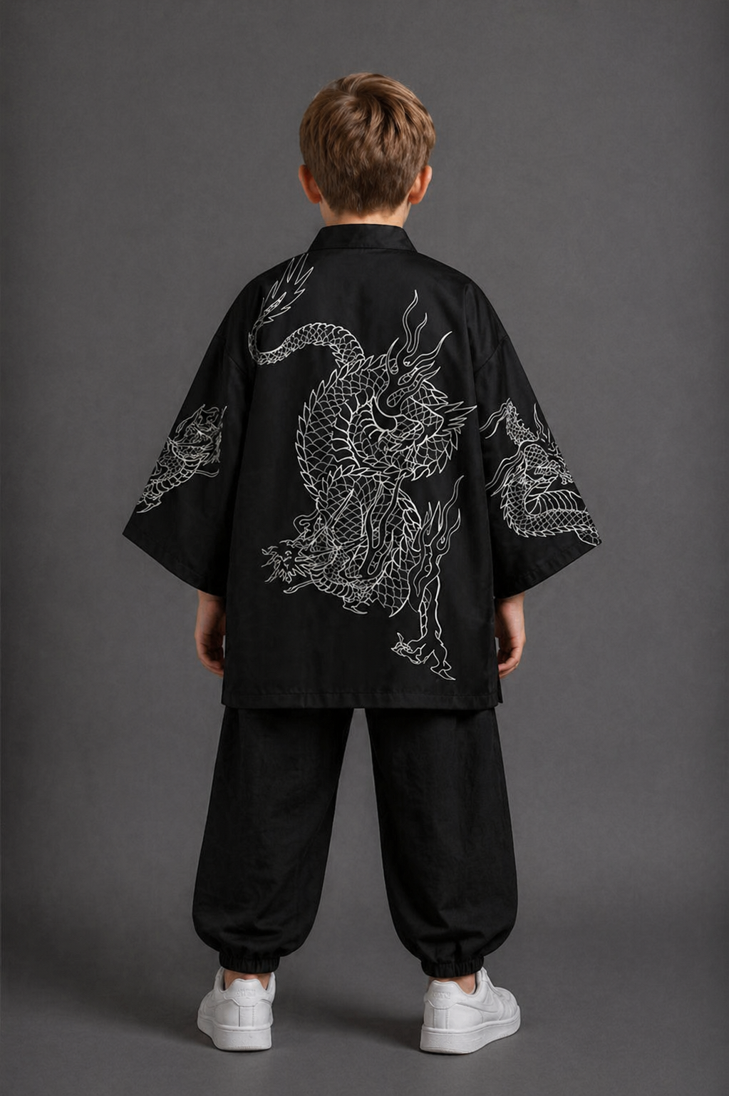 Veste Kimono Relax Garçon Noir Dragon Argent