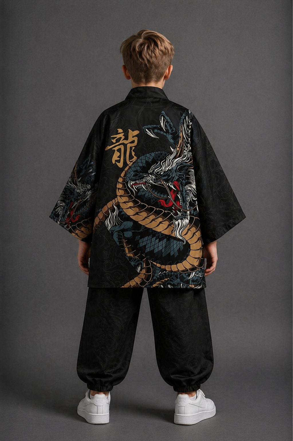 Veste Kimono Relax Garçon Dragon Noir