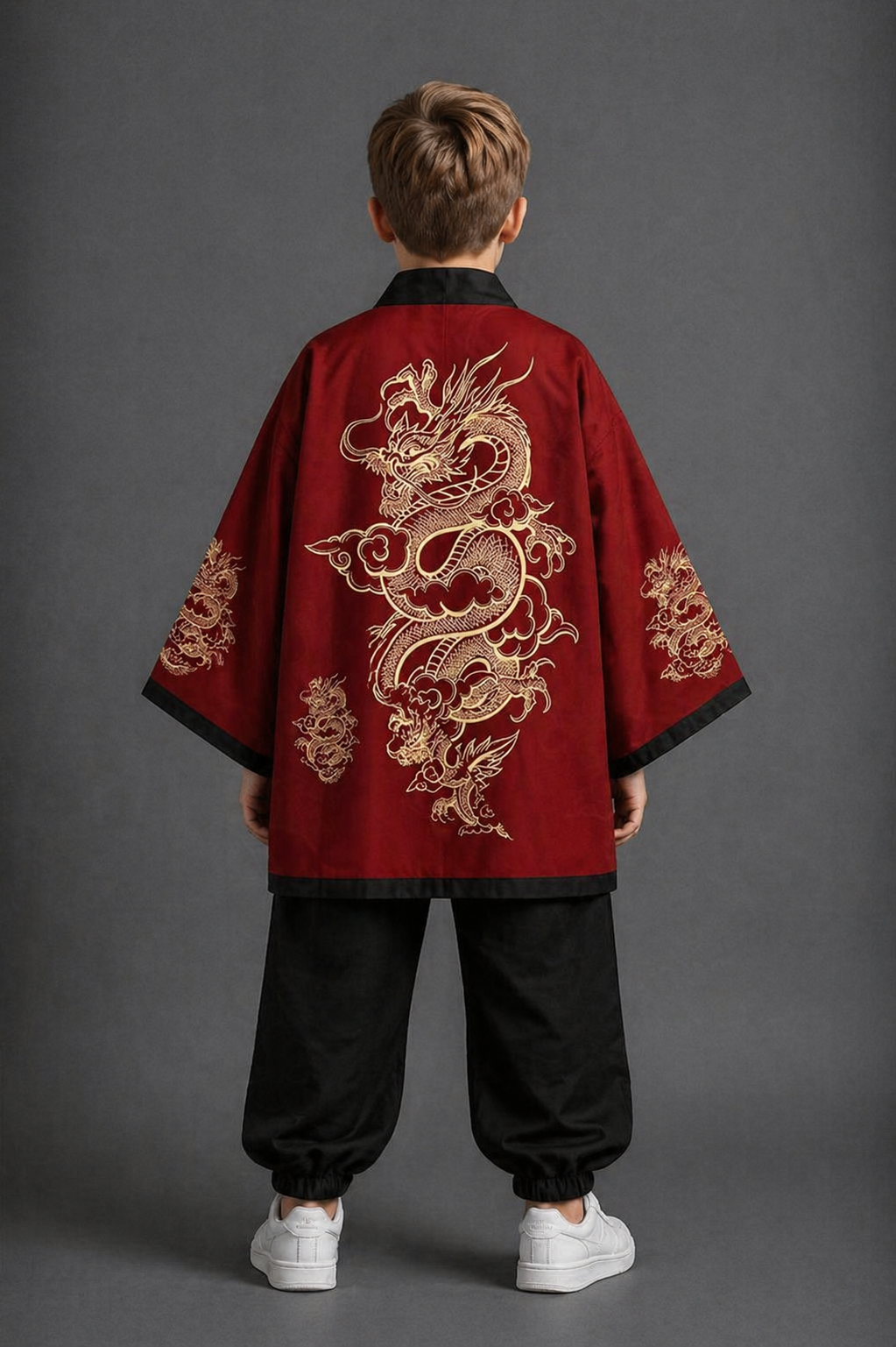 Veste Kimono Relax Garçon Rouge Dragon Doré
