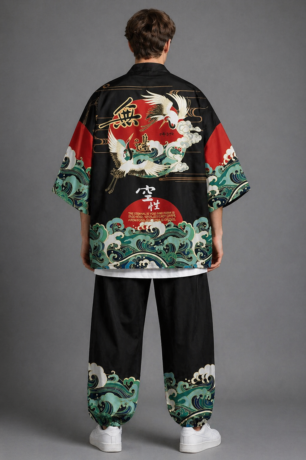 Ensemble Kimono et Pantalon Homme Noir Rouge avec Grues