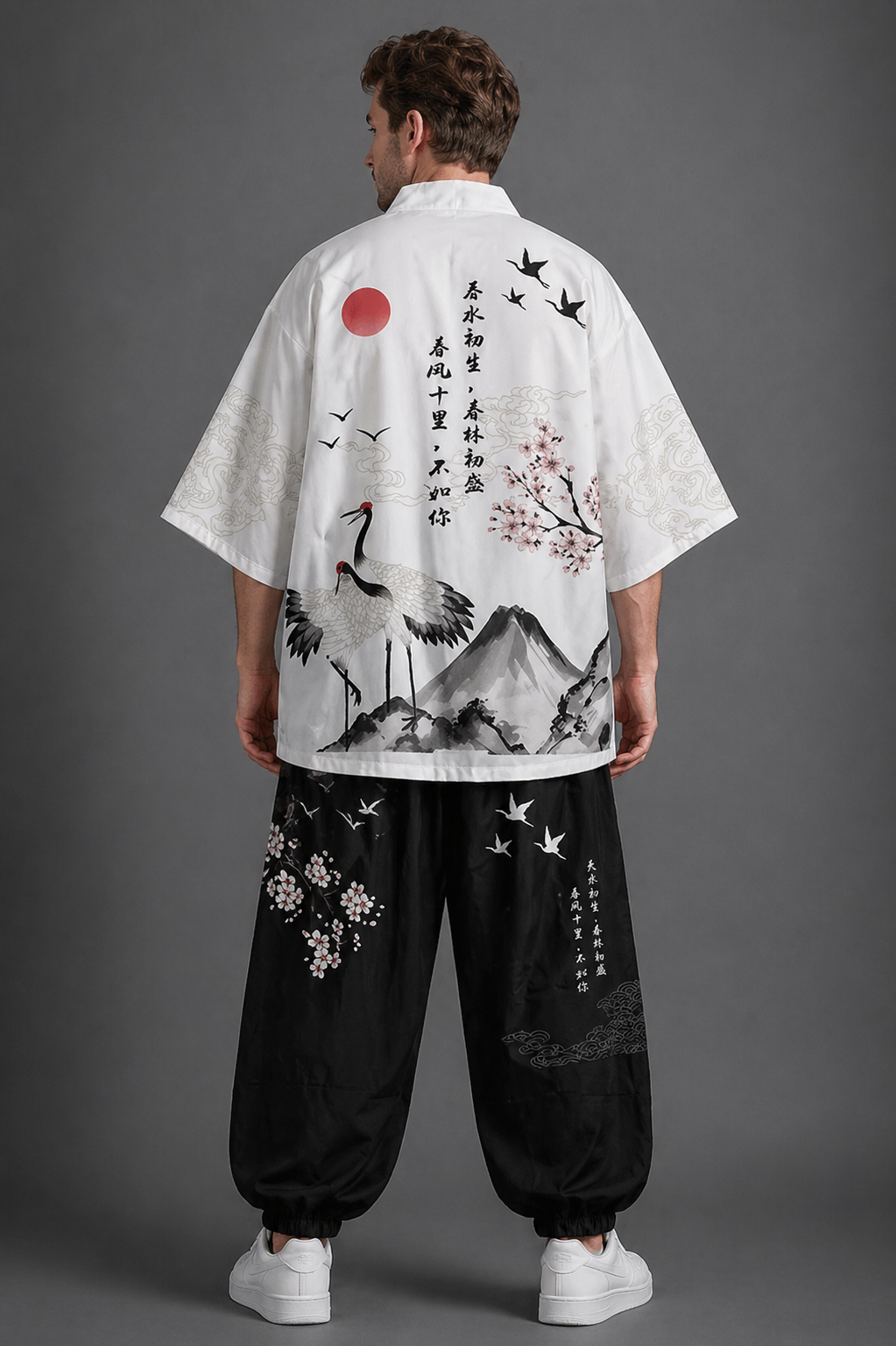 Ensemble Kimono et Pantalon Homme Grues et Montagne Blanc