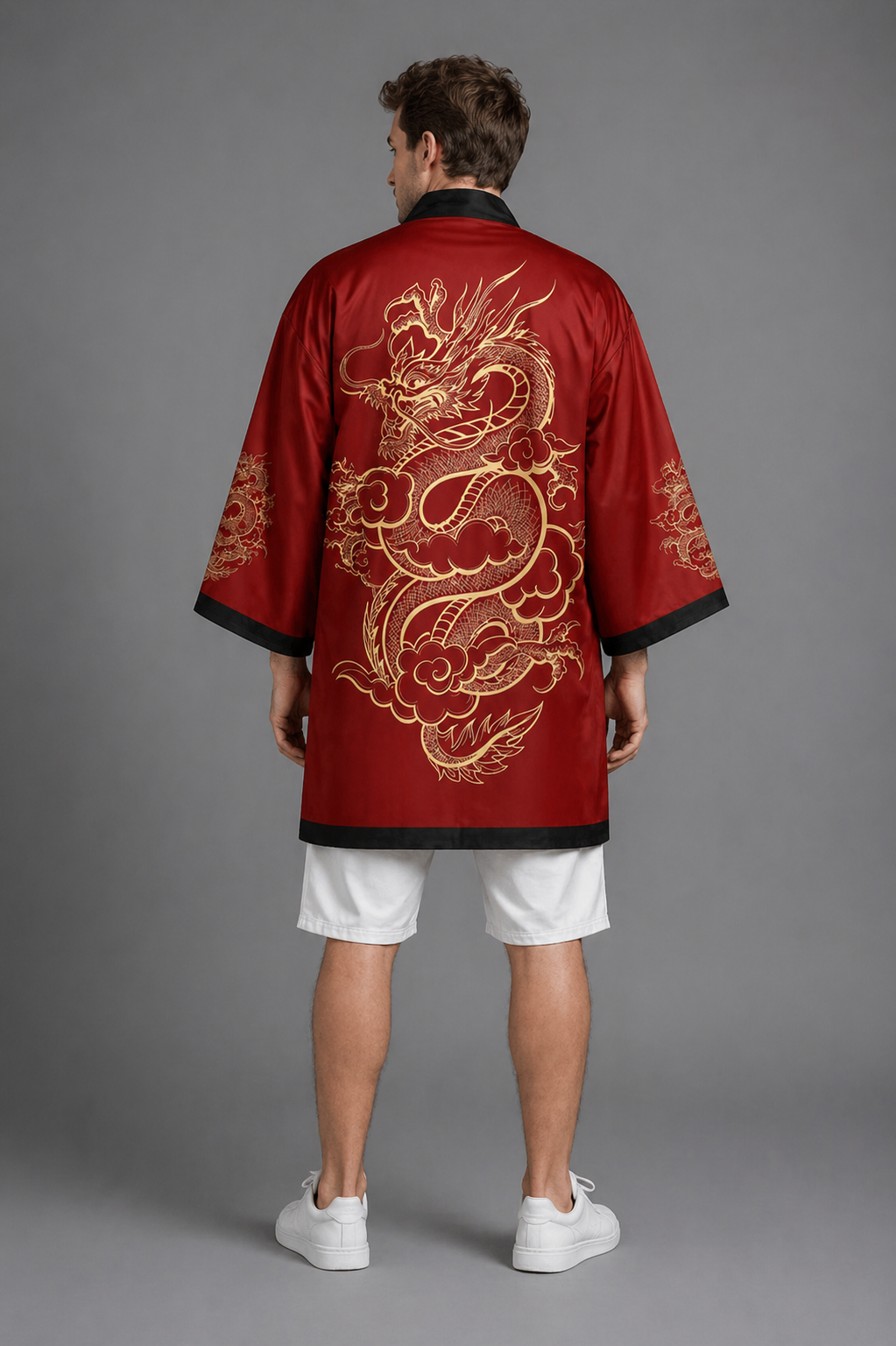 Kimono Long Homme Satin Rouge et Or avec Dragons