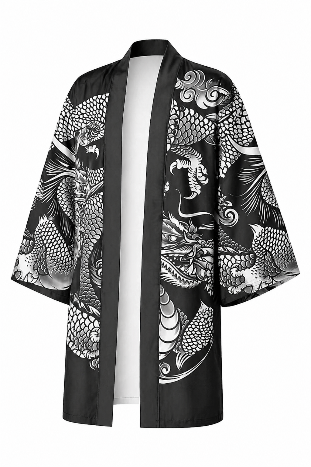 Kimono Long Homme Satin Noir et Argent avec Dragons