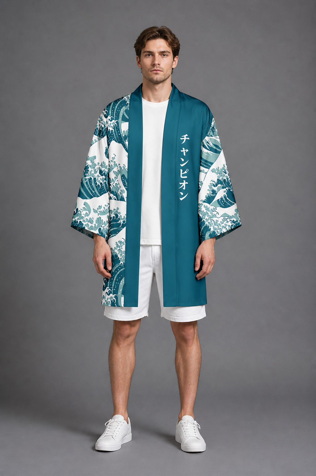 Kimono Long Homme Satin Bleu Tsunami