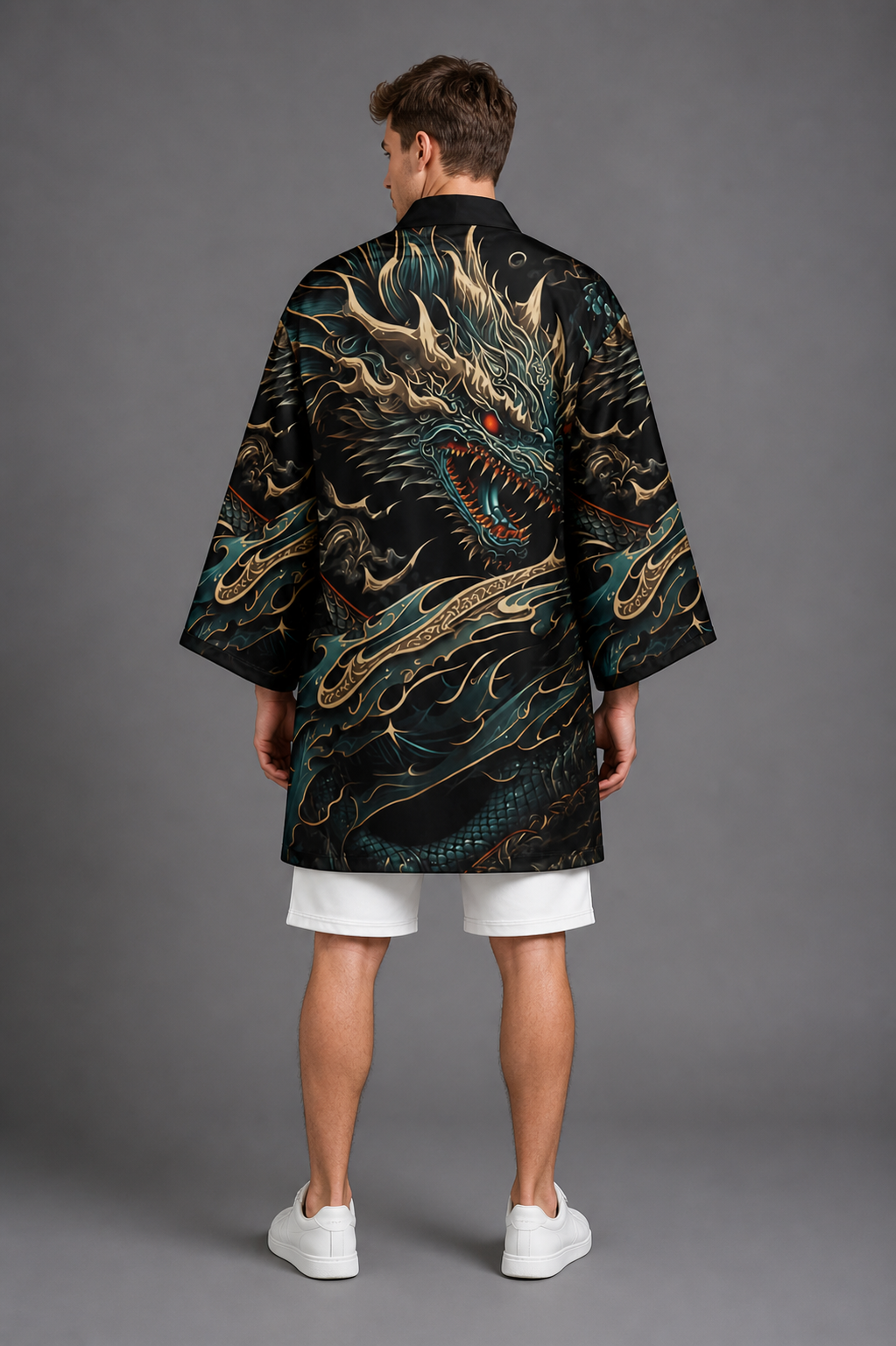 Kimono Long Homme Satin Noir Dragon Vert