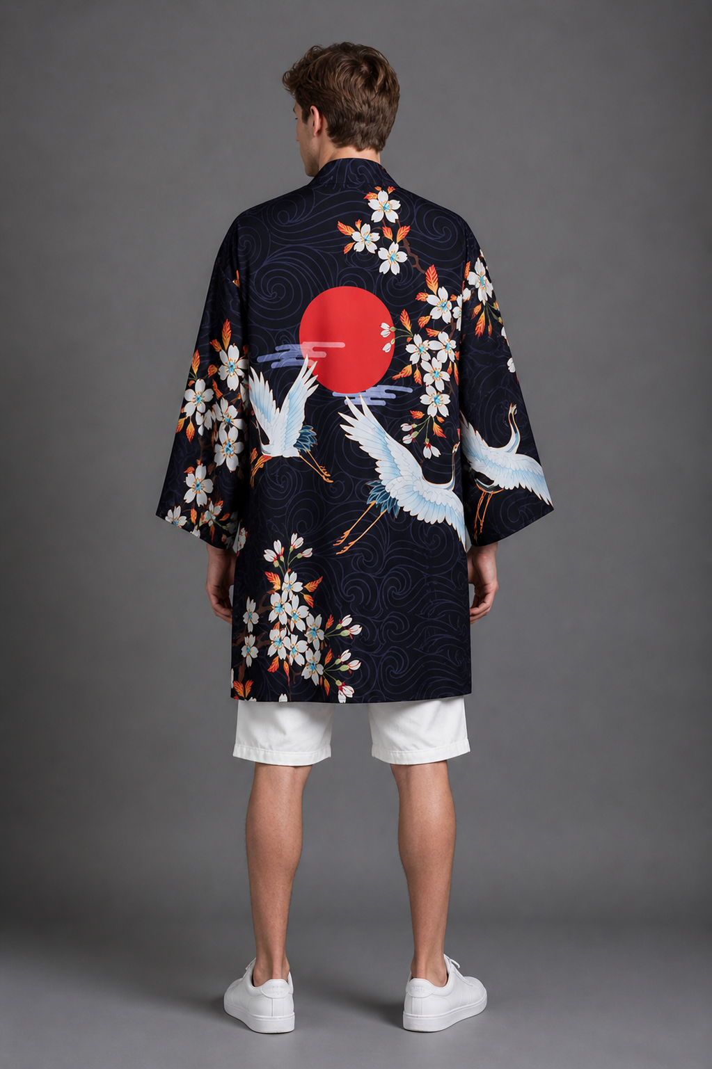 Kimono Long Homme Satin Lune Rouge et Grues
