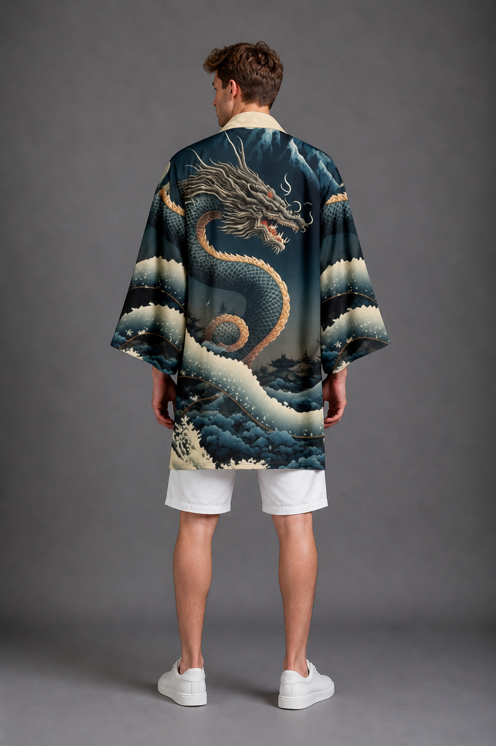 Kimono Long Homme Satin Bleu avec Dragon