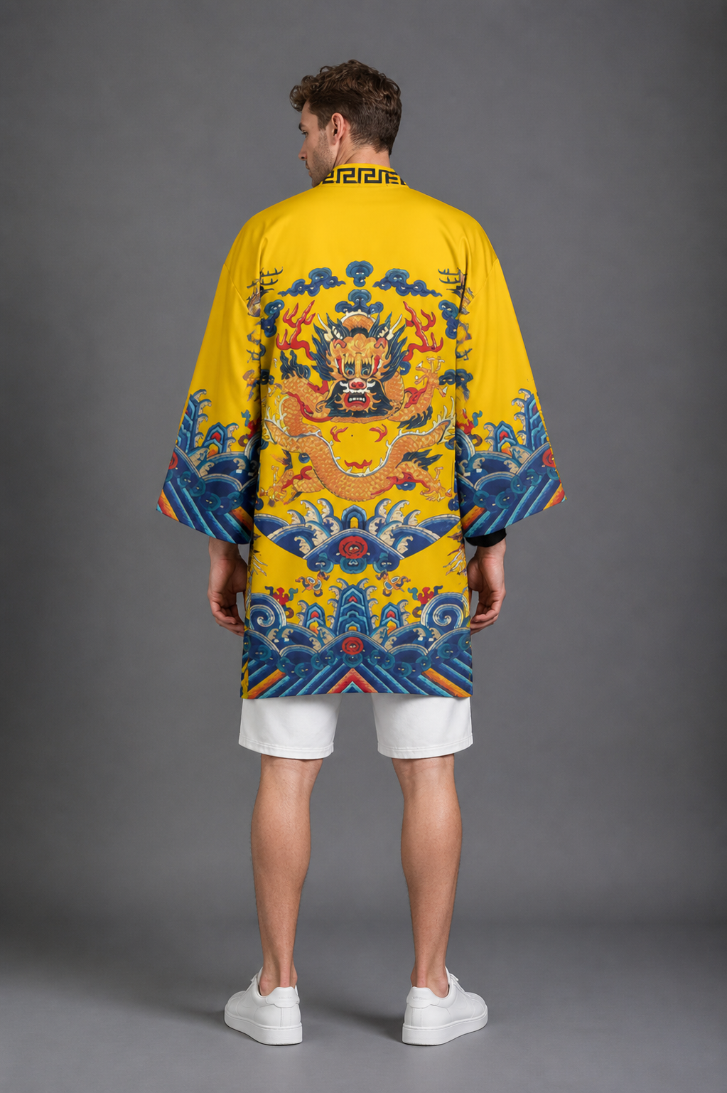 Kimono Long Homme Satin Jaune Dragon