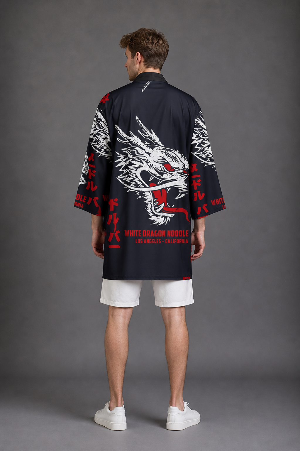 Kimono Long Homme Satin Dragon Blanc et Rouge