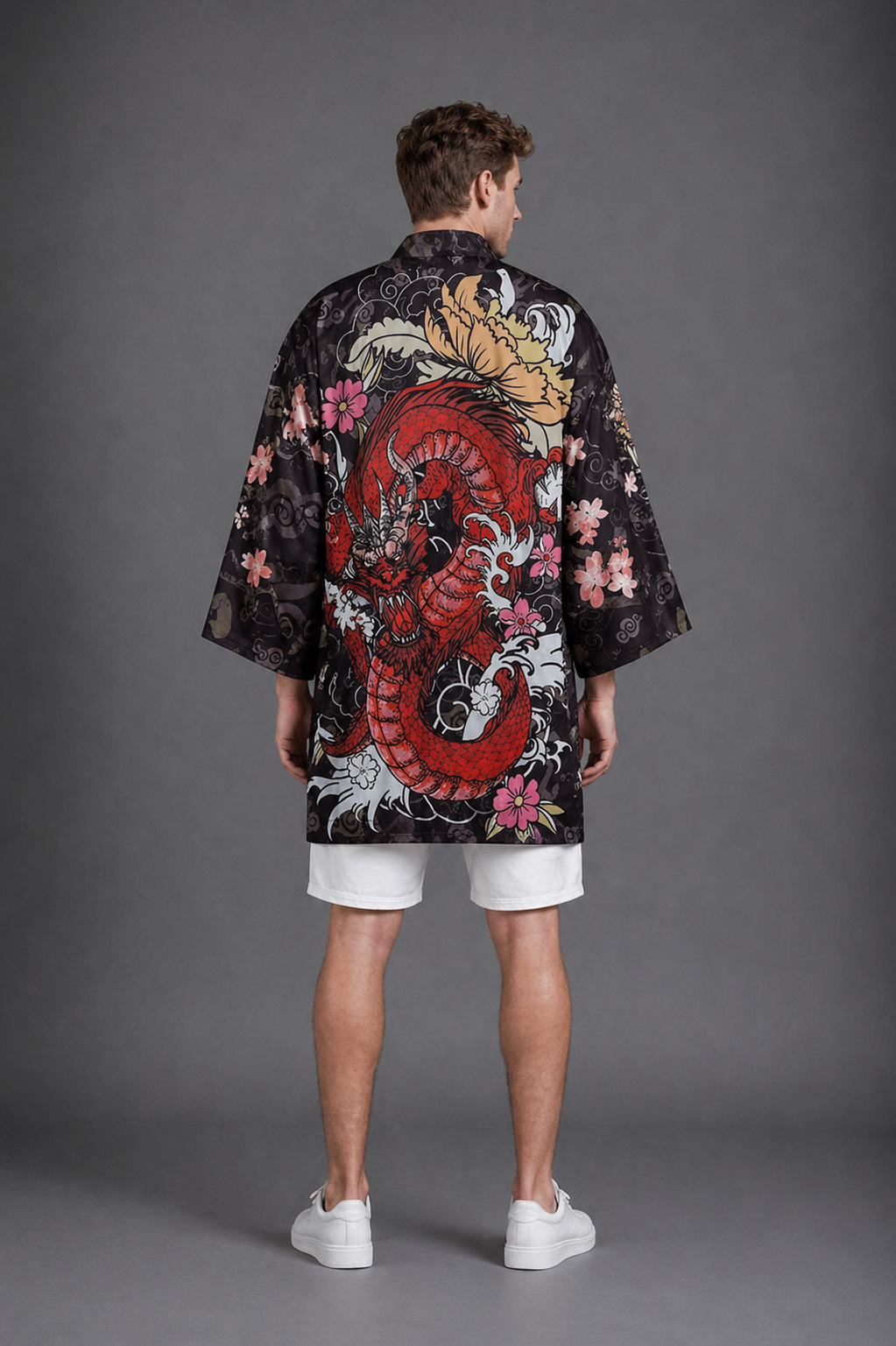 Kimono Long Homme Satin Dragon Rouge