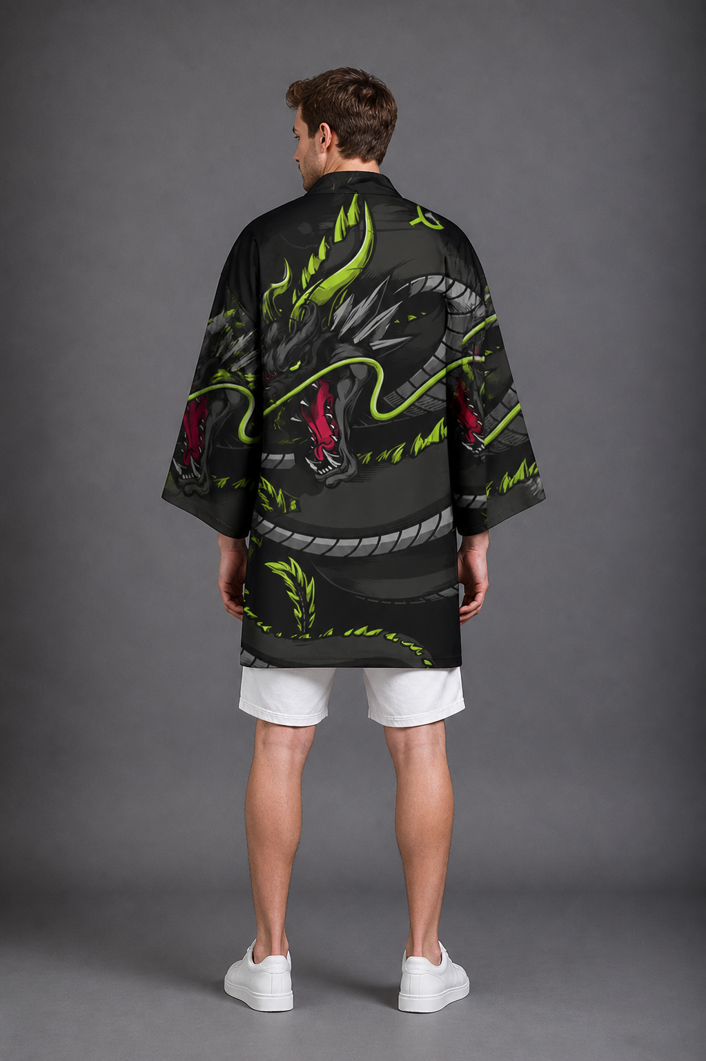 Kimono Long Homme Satin Dragon Noir et Vert