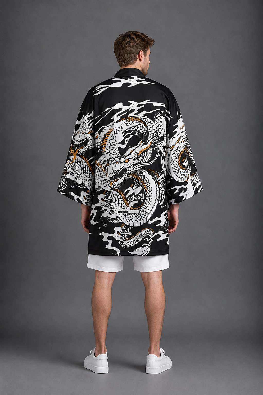 Kimono Long Homme Satin Dragon Blanc et Jaune