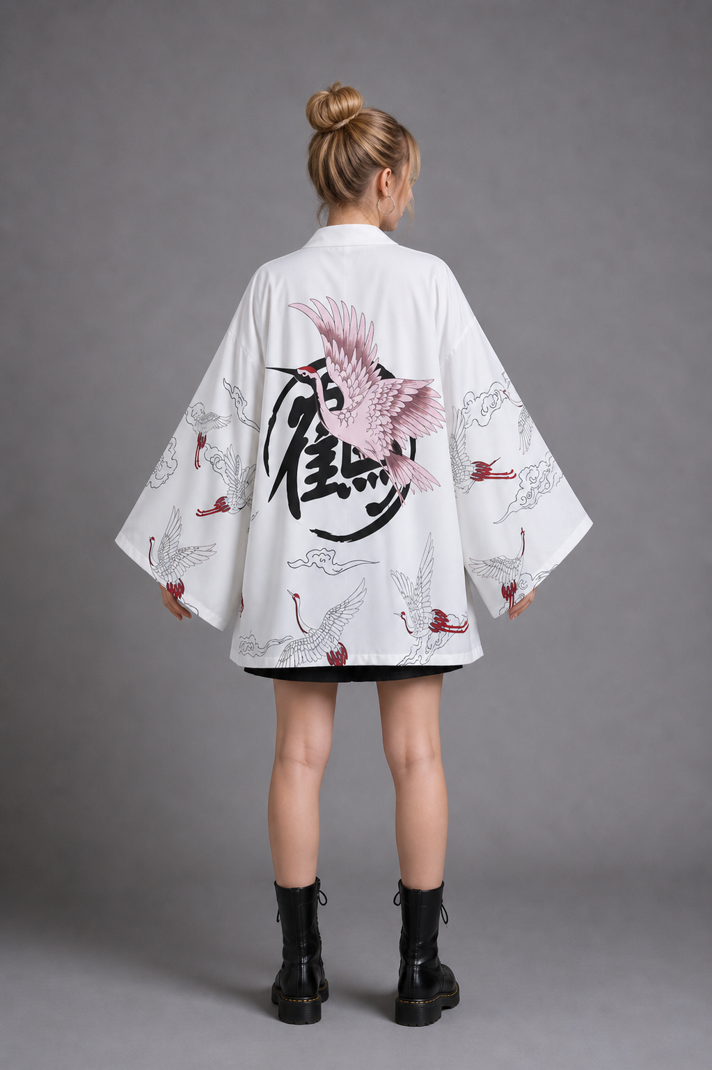 Veste Kimono Femme Satin Grue Rose