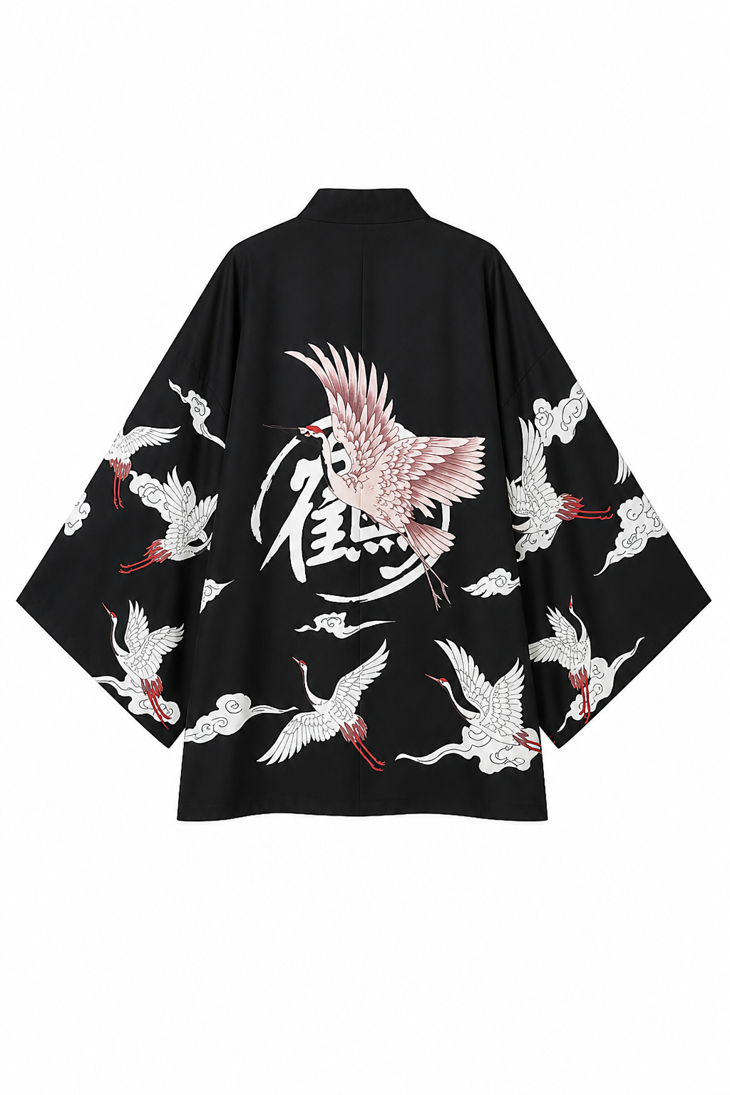 Veste Kimono Femme Satin Noir avec Grue Rose