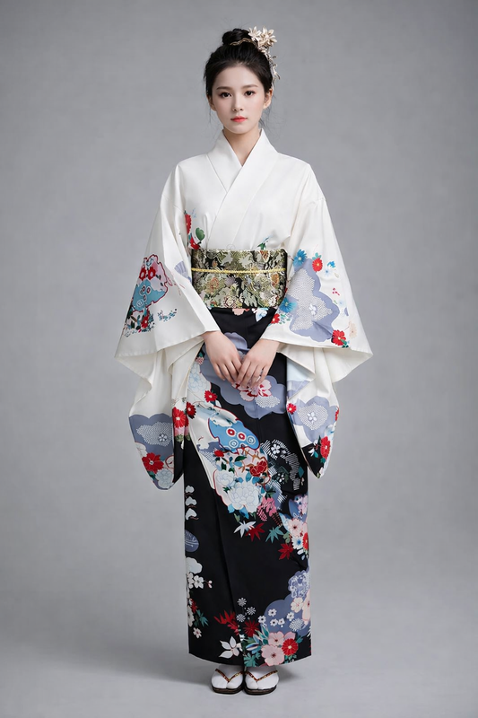 Kimono Japonais Femme Blanc et Bleu à Fleurs