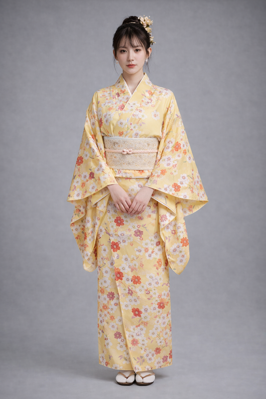 Kimono Japonais Femme Jaune à Fleurs