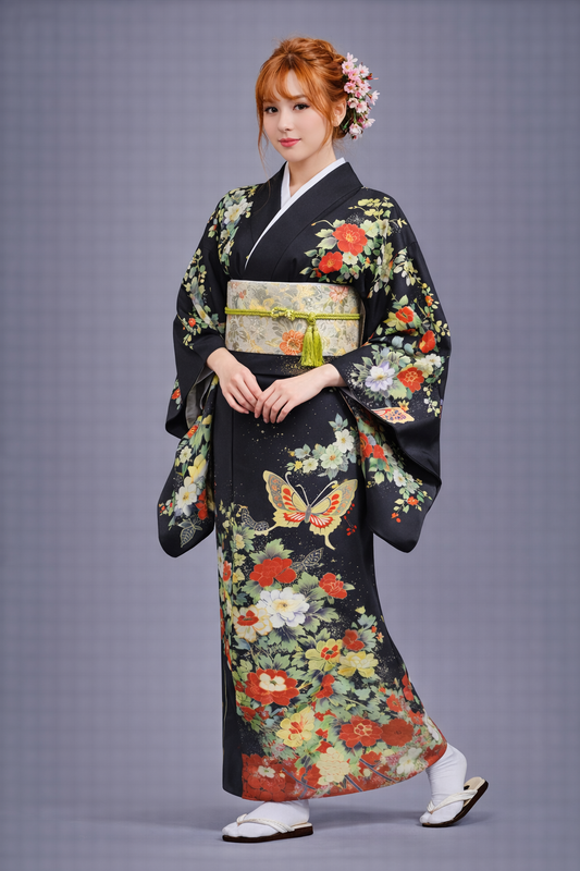 Kimono Japonais Femme Noir Papillon