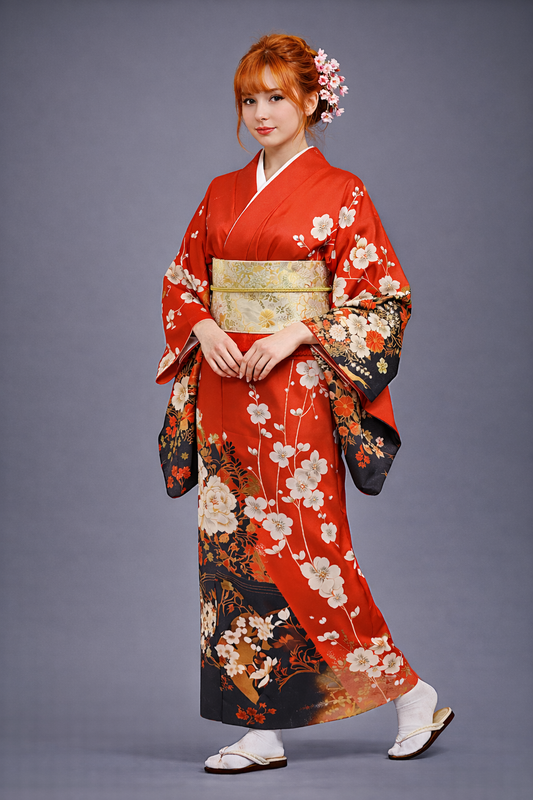 Kimono Japonais Femme Rouge et Noir à Fleurs