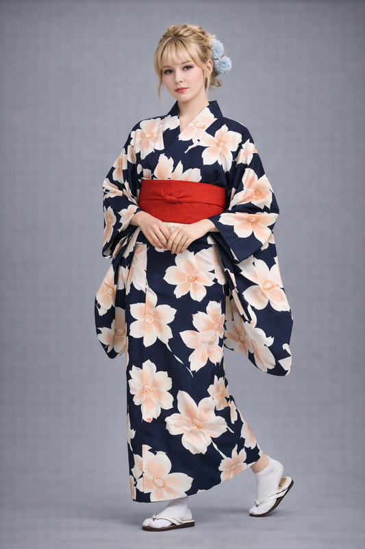 Kimono Japonais Femme bleu à fleurs